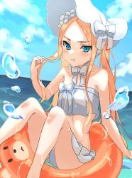 Rule 34 | 1girl, abigail williams (fate), abigail williams (swimsuit foreigner) (fate), abigail williams (swimsuit foreigner) (third ascension) (fate), bare shoulders, bikini, blonde hair, blue eyes, blue sky, bonnet, bow, breasts, day, fate/grand order, fate (series), forehead, hair bow, highres, innertube, long hair, miniskirt, ocean, parted bangs, pout, puffy cheeks, sidelocks, sitting, skirt, sky, small breasts, swim ring, swimsuit, thighs, twintails, user ukac2333, uuroncha, very long hair, white bikini, white bow, white headwear