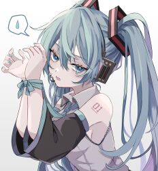 Rule 34 | 1girl, bare shoulders, black sleeves, blue eyes, blue hair, blue nails, blush, bound, bound wrists, collared shirt, detached sleeves, frilled shirt, frills, from side, hair between eyes, hatsune miku, highres, long hair, long sleeves, looking at viewer, naguno-0713, nail polish, number tattoo, open mouth, shirt, sidelocks, simple background, sleeveless, sleeveless shirt, solo, spoken sweatdrop, sweatdrop, tattoo, tearing up, twintails, upper body, very long hair, vocaloid, white background, white shirt