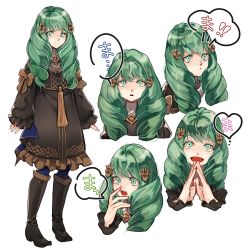 Rule 34 | 1girl, boots, bow, closed mouth, fire emblem, fire emblem: three houses, flayn (fire emblem), garreg mach monastery uniform, green eyes, green hair, hair ornament, highres, knee boots, long hair, long sleeves, multiple views, nintendo, open mouth, pantyhose, parted lips, simple background, smile, uniform, white background, yachimata 1205