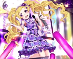 Rule 34 | 1girl, bad id, bad pixiv id, blonde hair, blush, dress, emily stewart, glowstick, hairband, highres, idolmaster, idolmaster million live!, idolmaster million live! theater days, kneeling, long hair, looking away, open mouth, plaid, plaid dress, purple eyes, run p (aveton), smile, solo, stage, twintails, zoom layer