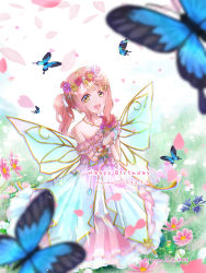 Rule 34 | 1girl, 2022, alternate hairstyle, arm garter, artist name, artist request, bare shoulders, blue butterfly, blush, bracelet, breasts, bug, butterfly, butterfly wings, cleavage, collarbone, dress, falling petals, female focus, field, flower, flower bracelet, flower dress, flower field, flower hair ornament, flower print, flower wreath, frilled dress, frilled skirt, frills, gem, grass, green eyes, hair ornament, hair ribbon, head wreath, highres, insect, insect wings, jewelry, legwear garter, looking at viewer, love live!, love live! nijigasaki high school idol club, love live! school idol festival, love live! school idol festival all stars, miniskirt, multicolored clothes, multicolored dress, mystic fairy (love live!), on grass, orange hair, parted lips, pearl (gemstone), pearl bracelet, petals, pink flower, pink petals, pink skirt, plaid, plaid dress, plaid skirt, pleated, pleated dress, pleated skirt, purple flower, red flower, red hair, ribbon, ritsuka (pixiv45801498), ritsuka (rituka 0 0 9955), rituka, short hair, side ponytail, single legwear garter, skirt, sleeveless, sleeveless dress, smile, solo, twintails, uehara ayumu, white dress, white flower, white ribbon, white skirt, wings, yellow eyes, yellow flower