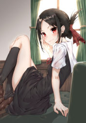 Rule 34 | 1girl, arm support, black dress, black hair, black socks, blouse, blush, breasts, brown footwear, closed mouth, commentary request, curtains, day, dress, folded ponytail, forehead, hair ribbon, hand on own cheek, hand on own face, hand up, indoors, kaguya-sama wa kokurasetai ~tensai-tachi no renai zunousen~, kneehighs, knees up, light particles, loafers, long hair, looking at viewer, looking to the side, neck ribbon, parted bangs, reclining, red eyes, red ribbon, ribbon, sahara386, sailor collar, sailor dress, school uniform, shinomiya kaguya, shirt, shoes, short sleeves, shuuchiin academy school uniform, sidelocks, small breasts, smile, socks, solo, thighs, undershirt, white sailor collar, white shirt, window