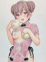 Rule 34 | 1girl, breast cutout, breasts, brown eyes, brown hair, censored, censored nipples, china dress, chinese clothes, clothing cutout, covering breasts, covering privates, double bun, dress, drooling, emoji, emoji censor, floral print, food, fruit, hair bun, highres, looking at viewer, melon, navel cutout, open mouth, original, pink dress, saliva, short sleeves, small breasts, smile, solo, teeth, upper body, upper teeth only, white background, yug (ekaki)