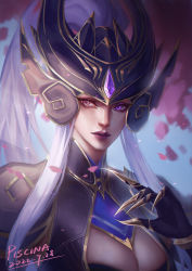 Rule 34 | 1girl, absurdres, armor, artist name, black gloves, breasts, claws, cleavage, closed mouth, dated, gloves, grey hair, hand up, helmet, heterochromia, highres, large breasts, league of legends, long hair, looking at viewer, outdoors, petals, pink eyes, piscina, ponytail, purple eyes, red lips, shoulder armor, solo, syndra