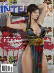 Rule 34 | 1girl, adjusting hair, alternate hairstyle, armpits, black dress, bracelet, braid, breasts, brown hair, capcom, center opening, china dress, chinese clothes, chun-li, cleavage, cover, dress, highres, jewelry, magazine cover, medium breasts, muhammed ansar ali, no bra, no panties, official alternate costume, pelvic curtain, realistic, revealing clothes, solo, spiked bracelet, spikes, street fighter, street fighter v