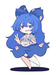 Rule 34 | 1girl, @ @, barefoot, blue bow, blue eyes, blue hair, blue skirt, blush stickers, bow, chahan (fried rice0614), double v, full body, grey hoodie, hair bow, highres, hood, hoodie, long hair, one-hour drawing challenge, open mouth, short sleeves, simple background, skirt, solo, touhou, v, white background, yorigami shion