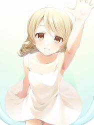 Rule 34 | 1girl, arm support, arm up, armpits, bare shoulders, blush, brown eyes, brown hair, budoumfmf, collarbone, dot nose, dress, drill hair, flat chest, highres, idolmaster, idolmaster cinderella girls, idolmaster cinderella girls starlight stage, light brown hair, long hair, looking at viewer, morikubo nono, on chair, open hand, open mouth, ringlets, sitting, sleeveless, sleeveless dress, smile, solo, white dress