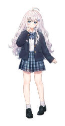 1girl absurdres ahoge black_footwear blue_bow blue_bowtie blue_eyes blue_jacket blue_skirt blush bow bowtie collared_shirt full_body grey_hair hair_ornament hairclip hand_up hashtag-only_commentary highres hue_oo jacket knees long_hair long_sleeves looking_at_viewer open_clothes open_jacket original parted_lips plaid_clothes plaid_skirt pleated_skirt school_uniform shirt shoes simple_background skirt socks solo standing white_background white_shirt white_socks