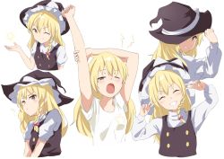 Rule 34 | 1girl, :d, ;), arms up, black vest, blonde hair, bow, braid, buttons, capelet, double v, dress shirt, expressions, grin, hair bow, half-closed eyes, hand on headwear, hands up, hat, hat bow, hat over one eye, high collar, kirisame marisa, long hair, long sleeves, messy hair, multiple views, nise (  nise6  ), one eye closed, open mouth, shirt, short sleeves, side braid, simple background, single braid, sleepy, smile, star (symbol), star print, stretching, tears, teeth, touhou, v, vest, white background, white bow, white shirt, witch hat, yawning, yellow eyes