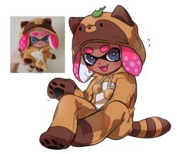 Rule 34 | 1girl, animal costume, blue eyes, blush, commentary, dark-skinned female, dark skin, fake tail, fang, full body, ikki (gsl 9708), inkling, inkling girl, inkling player character, looking at viewer, medium hair, nintendo, onesie, open mouth, photo inset, pink hair, simple background, sitting, smile, splatoon (series), sweat, tail, tanuki costume, tentacle hair, thick eyebrows, white background