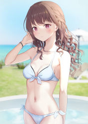 Rule 34 | 1girl, arm up, bikini, blurry, blurry background, blush, bracelet, breasts, brown eyes, brown hair, cleavage, closed mouth, collarbone, commentary request, cowboy shot, day, highres, horizon, jewelry, long hair, looking at viewer, mr.egg, navel, ocean, original, outdoors, pool, sky, small breasts, solo, standing, stomach, swimsuit, umbrella, wavy hair, white bikini