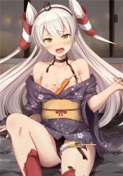 Rule 34 | 10s, 1girl, amatsukaze (kancolle), bare shoulders, between breasts, black panties, blush, breasts, candy apple, chocolate banana, food, highres, hot dog, ichikawa feesu, kantai collection, ketchup, looking at viewer, mustard, nipples, off shoulder, open mouth, panties, red thighhighs, small breasts, smoke, solo, takoyaki, tears, thighhighs, torn clothes, twintails, two side up, underwear, white hair