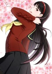 Rule 34 | 1girl, amagi yukiko, black hair, black pantyhose, black skirt, blunt bangs, brown eyes, cherry blossoms, dutch angle, flower, from side, hairband, houndstooth, i, kureha jhsh, long hair, long sleeves, looking at viewer, neckerchief, open mouth, pantyhose, persona, persona 4, pleated skirt, red hairband, sailor collar, school uniform, serafuku, skirt, smile, solo, sweater, yellow neckerchief