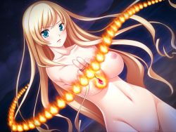 Rule 34 | 1girl, blonde hair, blue eyes, blush, breasts, censored, collar, fire, fuuka (artist), game cg, large breasts, legs, long hair, looking at viewer, magic, maiyoku dead saimin, navel, night, nipples, nude, ocean, pussy, sky, solo, standing, star (symbol), thighs, water