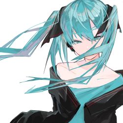 Rule 34 | 1girl, aqua eyes, aqua hair, aqua shirt, bare shoulders, black jacket, black ribbon, collarbone, commentary, covered mouth, floating hair, hair over mouth, hair ribbon, half-closed eyes, hatsune miku, headphones, highres, jacket, long hair, looking at viewer, open clothes, open jacket, ribbon, shirt, skyn blue, solo, twintails, upper body, vocaloid, white background