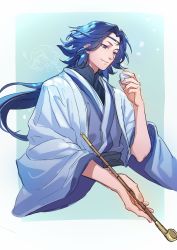 Rule 34 | 1boy, blue eyes, blue hair, cropped torso, hand up, highres, lanxi zhen, laojun (the legend of luoxiaohei), long hair, long sleeves, male focus, smoking pipe, smile, solo, suncle, luo xiaohei zhanji, upper body, wide sleeves