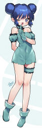 Rule 34 | 1girl, aizawa mint, arm behind back, blue dress, blue eyes, blue footwear, blue gloves, blue hair, boots, double bun, dress, gloves, hair bun, highres, looking at viewer, magical girl, mew mint, murata tefu, off-shoulder dress, off shoulder, one eye closed, puffy sleeves, short hair, simple background, solo, tokyo mew mew, white background