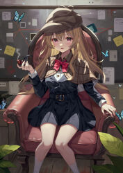 Rule 34 | 1girl, black skirt, blush, bow, bowtie, breasts, brown hair, bug, butterfly, calder (pixiv3698273), character request, commentary request, copyright request, detective, hand up, hat, highres, holding, holding smoking pipe, indoors, insect, knees together feet apart, long hair, long sleeves, looking at viewer, medium breasts, on chair, open mouth, plant, red bow, red bowtie, red eyes, sitting, skirt, smoking pipe, socks, solo, sticky note, white socks