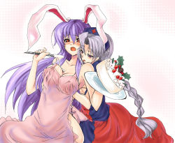 Rule 34 | 2girls, animal ears, apron, blush, grabbing another&#039;s breast, breasts, rabbit ears, cake, female focus, food, grabbing, hand under clothes, hand under shirt, hat, large breasts, long hair, multiple girls, naked apron, open mouth, pastry, piromizu, purple hair, red eyes, reisen udongein inaba, shirt, touhou, white hair, yagokoro eirin, yuri