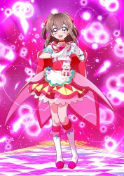 Rule 34 | 1girl, back bow, boots, bow, brooch, brown hair, choker, commentary, cure precious, delicious party precure, dress, full body, gloves, hair ribbon, heart, heart brooch, highres, huge bow, jewelry, knee boots, kome-kome (precure), light particles, looking at viewer, magical girl, medium hair, nagomi yui, open mouth, own hands together, precure, purple eyes, red bow, red choker, red dress, red ribbon, ribbon, short dress, smile, solo, standing, tirofinire, two side up, white footwear, white gloves