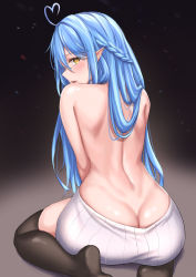 Rule 34 | 1girl, absurdres, ahoge, arched back, ass, back, back focus, bare shoulders, black thighhighs, blue hair, braid, butt crack, dress, edchi, from behind, half updo, heart, heart ahoge, highres, hololive, long hair, looking at viewer, looking back, meme attire, no bra, no panties, no shoes, parted lips, pointy ears, profile, ribbed sweater, shoulder blades, sitting, skindentation, sleeveless, solo, sweater, sweater dress, thighhighs, thighs, virgin killer sweater, virtual youtuber, wariza, white sweater, yellow eyes, yukihana lamy
