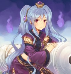 Rule 34 | 1girl, blue hair, breasts, detached sleeves, jewelry, luminous arc, luminous arc 3, lyla-shishou, midriff, red eyes, scroll, skirt, twintails