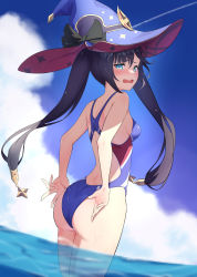 Rule 34 | 1girl, adjusting clothes, adjusting swimsuit, aqua eyes, ass, black hair, blue hat, blue one-piece swimsuit, blue sky, blush, bow, breasts, cloud, cocoablue23, competition swimsuit, day, fang, from side, genshin impact, hat, hat bow, highres, long hair, looking at viewer, looking to the side, mona (genshin impact), one-piece swimsuit, open mouth, outdoors, sky, small breasts, solo, sparkle print, sweatdrop, swimsuit, twintails, wading, water, wet, witch hat