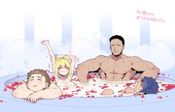 Rule 34 | 1girl, 3boys, :3, abs, ahoge, arms at sides, bath, bathing, black hair, blonde hair, blue hair, blush, breasts, brown hair, caligula (fate), closed eyes, commentary request, dark-skinned male, dark skin, fat, fat man, fate/extra, fate/grand order, fate (series), gaius julius caesar (fate), koshiro itsuki, large breasts, large pectorals, mixed-sex bathing, multiple boys, muscular, nero claudius (fate), nero claudius (fate) (all), nero claudius (fate/extra), nipples, nude, onsen, pectorals, petals, petals on liquid, romulus (fate), rose petals, shared bathing, short hair, stretching, water, wet