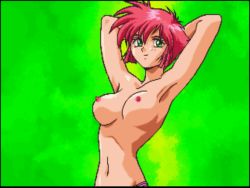 Rule 34 | 1girl, armpits, arms up, breasts, green background, green eyes, kaoru (mahjong hyper reaction r), mahjong hyper reaction r, nipples, panties, pink panties, red hair, sammy, topless, underwear