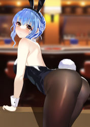 Rule 34 | 1girl, :/, alternate costume, animal ears, arm support, ass, bar (place), bare shoulders, bent over, black hairband, blue hair, blurry, blurry background, blush, braid, breasts, brown eyes, brown pantyhose, closed mouth, detached collar, fire emblem, fire emblem: three houses, from behind, from side, hairband, highres, indoors, large breasts, leotard, looking at viewer, looking back, looking to the side, marianne von edmund, nintendo, pantyhose, playboy bunny, rabbit ears, rabbit tail, short hair, solo, tail, tara (szzj7733), wavy hair, wrist cuffs