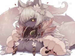 Rule 34 | 1girl, animal ear fluff, animal ears, animal hands, black sclera, blush, breasts, bunyip (monster girl encyclopedia), claws, colored sclera, commentary, dark-skinned female, dark skin, diagonal bangs, female focus, fluffy, fur, hair over one eye, heart, highres, large breasts, looking at viewer, lying, mask, mask around neck, monster girl, monster girl encyclopedia, on stomach, simple background, solo, suggestive fluid, symbol-only commentary, very dark skin, white background, white fur, white hair, yellow eyes, yonaga san