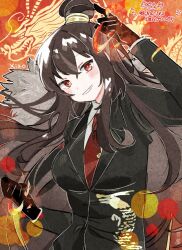 Rule 34 | arm up, black gloves, black jacket, blush, breasts, brown hair, gloves, hair bun, hand up, jacket, kantai collection, library of ruina, long hair, looking at viewer, medium breasts, necktie, parted lips, project moon, red eyes, red necktie, shirt, sidelocks, smile, tie clip, very long hair, wakame 031412, white shirt, wing collar, xiao (project moon)