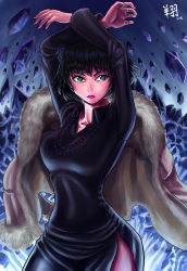 Rule 34 | 1girl, arms up, black dress, black hair, breasts, coat, dress, eyebrows, fubuki (one-punch man), fur coat, green eyes, highres, jacket, jacket on shoulders, jewelry, lipstick, makeup, making-of available, necklace, one-punch man, ryu shou, short hair, side slit, solo