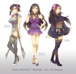 Rule 34 | absurdres, alternate costume, alternate hairstyle, animal print, black hair, black thighhighs, boots, bow, bowtie, breasts, china dress, chinese clothes, cleavage, cleavage cutout, clothing cutout, corsage, crescent, crescent earrings, double bun, dress, dress bow, earrings, english text, final fantasy, final fantasy vii, final fantasy vii remake, fishnet legwear, fishnets, flower, hair bun, hair flower, hair ornament, high heel boots, high heels, highres, japanese clothes, jewelry, kimono, kuromezennkainopokke, lace, lace-trimmed legwear, lace trim, large breasts, leopard print, multiple persona, official alternate costume, purple dress, short dress, skindentation, sleeveless, sleeveless dress, square enix, thighhighs, tifa lockhart, tifa lockhart (exotic dress), tifa lockhart (refined dress), tifa lockhart (sporty dress), wall market