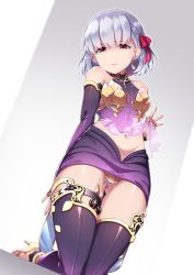 Rule 34 | 1girl, bare shoulders, blush, breasts, dress, earrings, fate/grand order, fate (series), gradient background, grey background, hair between eyes, hair ribbon, highres, jewelry, kama (fate), kama (first ascension) (fate), looking at viewer, mku, open mouth, pelvic curtain, purple dress, purple sleeves, purple thighhighs, red ribbon, ribbon, ring, short hair, silver hair, small breasts, solo, thighhighs, thighlet, thighs