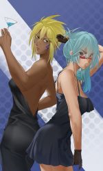 Rule 34 | 2girls, absurdres, arm behind head, avil frey, backless dress, backless outfit, black dress, black gloves, bleach, blonde hair, breasts, cleavage, commentary, cup, dark-skinned female, dark skin, dated, dress, drinking glass, english commentary, facial mark, female focus, gloves, green eyes, green hair, grey eyes, hair between eyes, highres, holding, holding cup, long hair, looking at viewer, multiple girls, nelliel tu odelschwanck, short dress, short hair, signature, spaghetti strap, tier harribel, wine glass