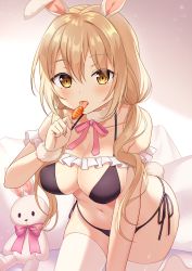Rule 34 | 1girl, animal ears, bare shoulders, bikini, black bikini, blush, breasts, brown eyes, cleavage, commentary request, hair between eyes, halterneck, hand up, highres, holding, large breasts, light brown hair, long hair, looking at viewer, low twintails, navel, no shoes, original, pillow, rabbit ears, rabbit girl, rabbit tail, side-tie bikini bottom, solo, string bikini, stuffed animal, stuffed rabbit, stuffed toy, swimsuit, tail, thighhighs, tongue, tongue out, twintails, very long hair, white thighhighs, yuusa