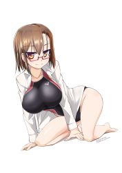 Rule 34 | 1girl, breasts, brown eyes, brown hair, collarbone, competition swimsuit, full body, glasses, highres, hip focus, large breasts, legs, light smile, long hair, looking at viewer, one-piece swimsuit, original, raised eyebrows, signature, simple background, solo, swimsuit, thighs, tokihama jirou, white background