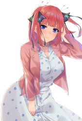 1girl black_ribbon blunt_bangs blush breasts butterfly_hair_ornament dress go-toubun_no_hanayome hair_ornament highres hofumaso jacket jewelry large_breasts looking_at_viewer nakano_nino necklace pink_hair pink_jacket ribbon smile white_dress