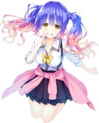 Rule 34 | 1girl, blue hair, bow, breasts, brown skirt, clothes around waist, full body, gradient hair, grin, hair spread out, hand up, index finger raised, jumping, kohibari kurumi, large breasts, long hair, long sleeves, looking at viewer, lowres, multicolored hair, muririn, pink hair, pink sweater, pleated skirt, school uniform, shirt, skirt, sleeves rolled up, smile, solo, straight-on, suspender skirt, suspenders, sweater, tenshi souzou re-boot!, transparent background, wavy hair, white shirt, yellow bow, yellow eyes