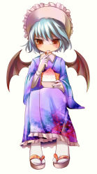Rule 34 | 1girl, alternate costume, bad id, bad pixiv id, bat wings, eating, female focus, food, full body, icedango (dpopic3), invisible chair, japanese clothes, makishu, remilia scarlet, sandals, shaved ice, simple background, sitting, solo, tabi, touhou, utensil in mouth, white background, white legwear, wings, zouri