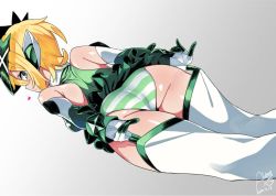 Rule 34 | 1girl, adjusting clothes, adjusting legwear, akatsuki kirika, ass, blonde hair, blush, breasts, commentary request, from behind, green eyes, green leotard, headgear, leotard, looking at viewer, looking back, medium breasts, rkrk, senki zesshou symphogear, shiny skin, short hair, skirt, solo, standing, striped, thighhighs, thighhighs pull, white background, white thighhighs