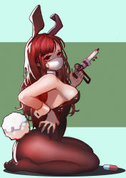 Rule 34 | 1girl, animal ears, ass, bare shoulders, black leotard, black pantyhose, breasts, commentary request, covered mouth, detached sleeves, fake animal ears, fake tail, from side, hand on own hip, hiroshi (hiroshixhiss), holding, holding syringe, leotard, long hair, looking at viewer, mask, medium breasts, mole, mole under eye, mouth mask, no bra, no shoes, original, oversized object, pantyhose, pill, playboy bunny, rabbit ears, rabbit tail, red eyes, red hair, seiza, sideboob, sitting, solo, strapless, strapless leotard, surgical mask, syringe, tail, thick thighs, thighs, wrist cuffs