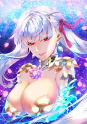 Rule 34 | 1girl, breasts, cleavage, earrings, fate/grand order, fate (series), flower, hair ribbon, highres, hisuririi, jewelry, kama (fate), kama (third ascension) (fate), large breasts, long hair, looking at viewer, lotus, red eyes, revealing clothes, ribbon, white hair