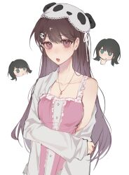 bang_dream! bang_dream!_it&#039;s_mygo!!!!! black_hair blush breasts brown_hair cleavage closed_mouth collarbone commentary green_eyes hair_ornament hand_on_own_chin hat highres holding_own_arm jitome long_hair looking_at_viewer medium_hair mole mole_under_eye nightcap open_mouth pajamas panda_hair_ornament purple_eyes qiuzijiang shiina_taki simple_background single_off_shoulder symbol-only_commentary upper_body white_background yahata_umiri