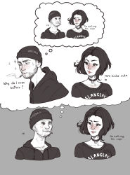 Rule 34 | 1boy, 1girl, 4chan, beanie, blanclauz, blush, choker, cigarette, collarbone, commentary, doomer girl, english commentary, english text, facial hair, hat, highres, hood, hoodie, limited palette, meme, nose blush, original, pimple, short hair, smoking, stubble, thought bubble, wojak