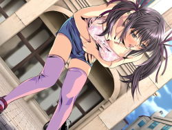 Rule 34 | 1girl, bent over, black hair, blush, bow, building, dutch angle, female focus, game cg, grey eyes, hair bow, hair ornament, no bra, pigeon blood, shoes, shorts, solo, tank top, thighhighs, twintails, zettai ryouiki