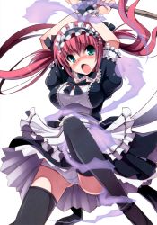 Rule 34 | 1girl, :o, absurdres, airi (queen&#039;s blade), airi (queen's blade), airi (the infernal temptress), apron, aqua eyes, arms up, black dress, black thighhighs, blush, bow, breasts, cameltoe, cleavage cutout, clothing cutout, crossed arms, detached collar, dress, embarrassed, floating hair, flying sweatdrops, frilled apron, frills, ghost, hair between eyes, hair ribbon, highres, holding, imminent rape, large breasts, leg lift, long hair, looking at viewer, maid, maid apron, maid headdress, nose blush, open mouth, panties, pantyshot, petticoat, puffy short sleeves, puffy sleeves, quad tails, queen&#039;s blade, red hair, restrained, ribbon, scan, short sleeves, simple background, spread legs, taut clothes, taut dress, thighhighs, transparent, tsurugi hagane, twintails, underwear, upskirt, white background, white panties, wind, wind lift, wrist cuffs