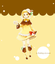 Rule 34 | blonde hair, bow, brown eyes, cherry hair ornament, dress, food, food-themed clothes, food-themed hair ornament, full body, hair ornament, hand up, highres, looking at viewer, parted lips, pocketland, pudding, red bow, short hair, simple background, smile, solo, toono (kanagawa), white legwear, yellow bow, yellow dress, yellow footwear