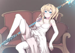 Rule 34 | 10s, 1girl, aqua eyes, blonde hair, blush, bridal gauntlets, couch, dress, elbow gloves, garter straps, gloves, granblue fantasy, johnny funamushi, leaning back, leg up, long hair, no shoes, pillow, polearm, sidelocks, sitting, solo, spear, strapless, strapless dress, thighhighs, tiara, twintails, weapon, white dress, white gloves, white thighhighs, zeta (granblue fantasy)
